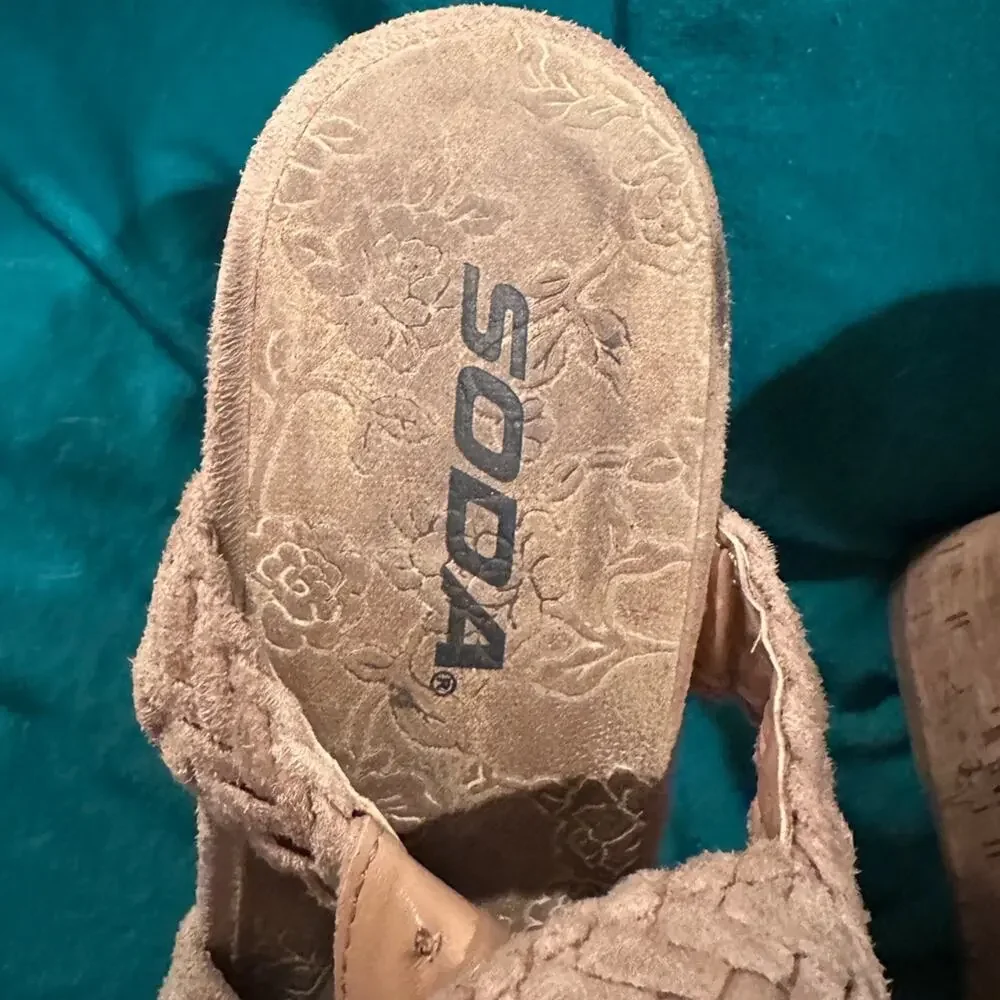 Y2K Soda Sotto-S Wedge in Stone Platform Woven Cork Espadrilles Sandals sz 9